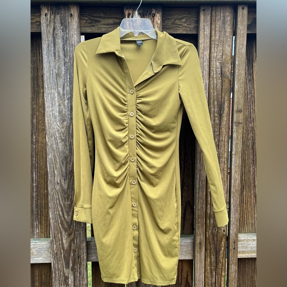 Olive Green Rouched Button Up Dress - Picture 4 of 7